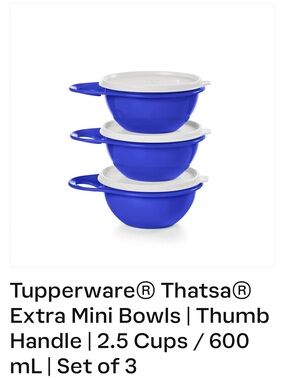 Tupperware Blue Mini Bowls with White Lids (Set of 3)